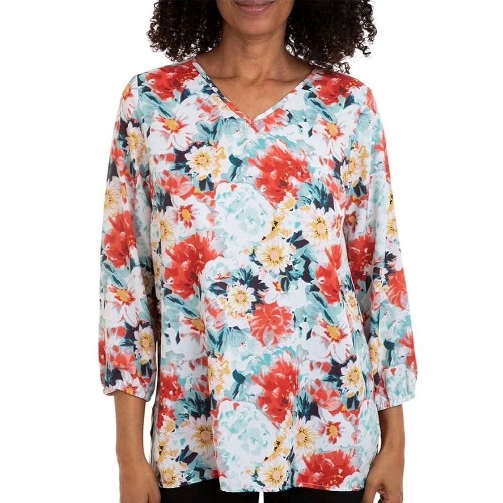 Women's Mario Serrani V-Neck Tunic Top - Green Floral - Size L  NWT E2